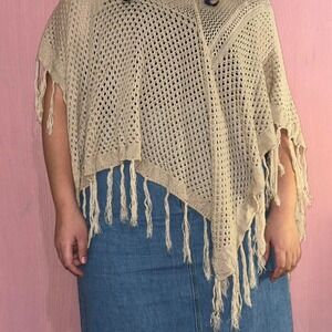 Canyon River Blues Cream Beige Fringe Poncho